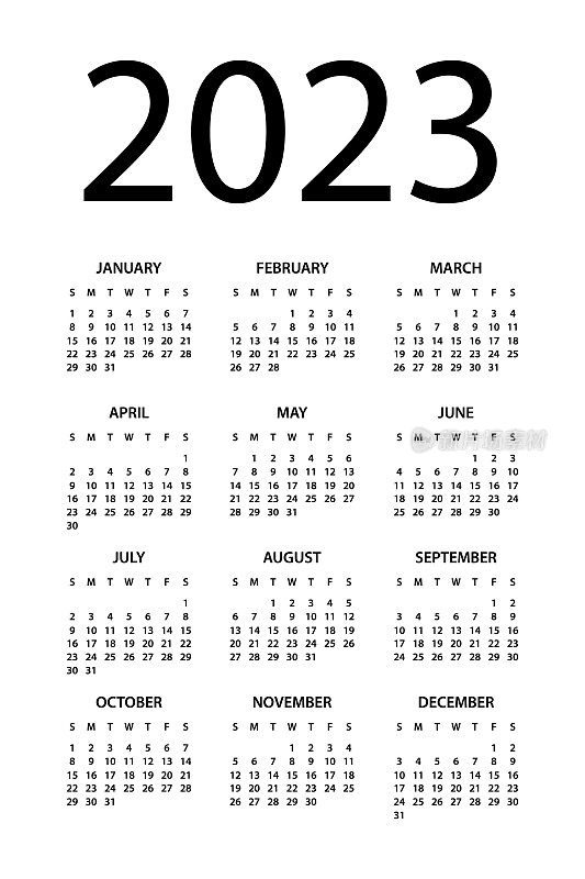 日历2023 -简单布局插图。一周从周日开始。日历设定为2023年